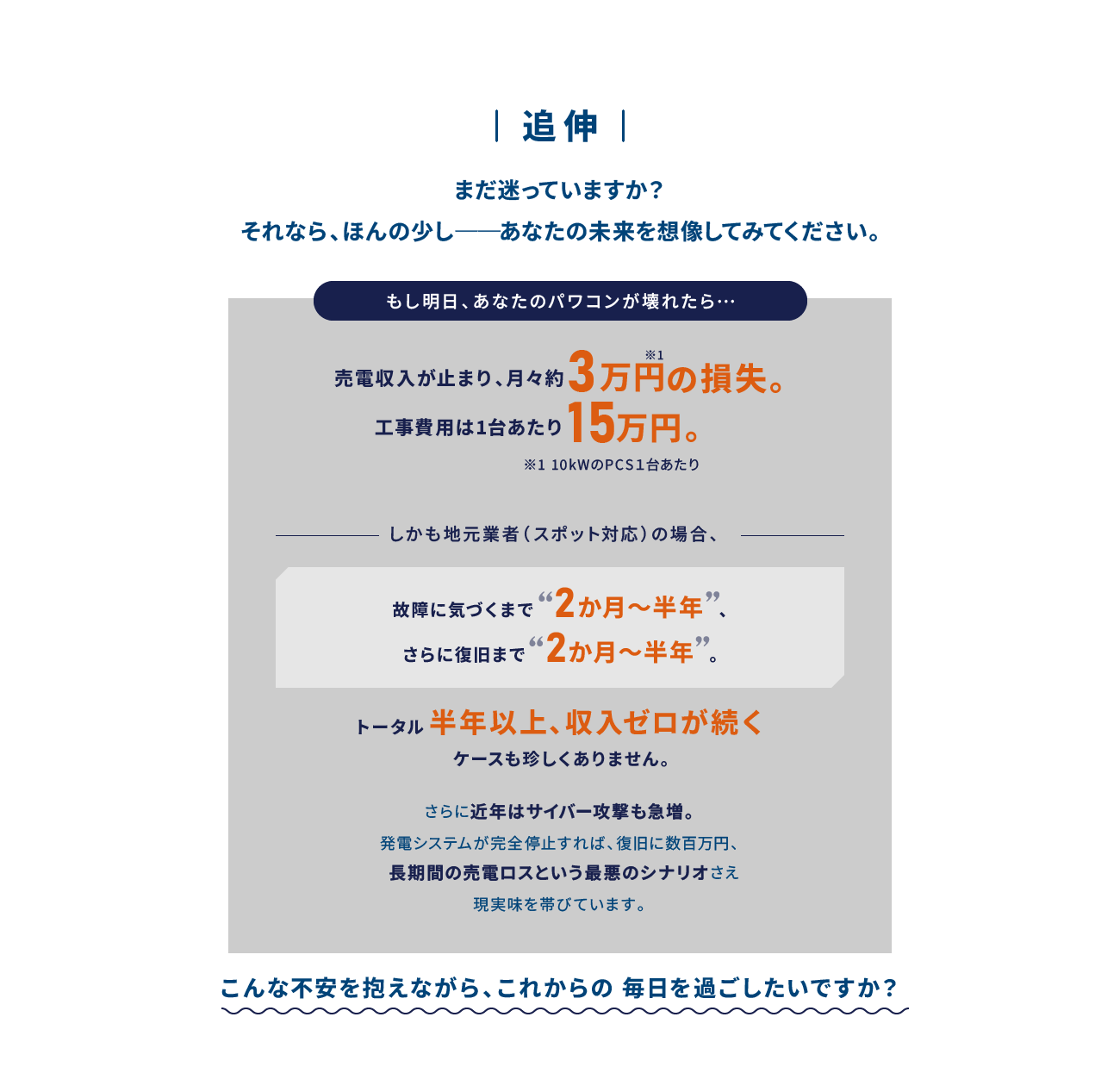 追伸 もし明日、あなたのパワコンが壊れたら…売電収入が止まり、月々約3万円の損失。工事費用は1台あたり15万円。トータル半年以上、収入ゼロが続くケースも珍しくありません。